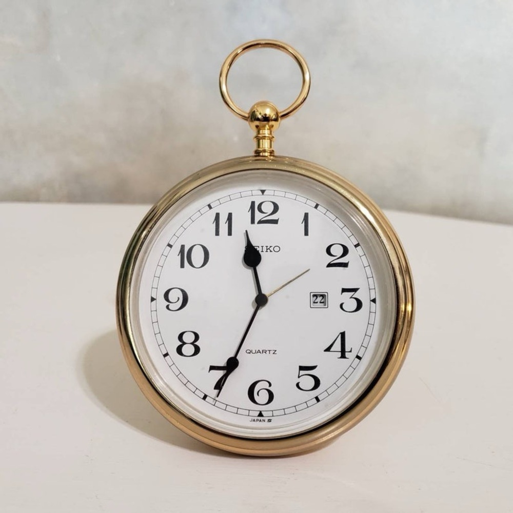 Gold Desk Clock Pocket Watch Style Seiko Japan Vintage Alarm Clock - Picture 5 of 10